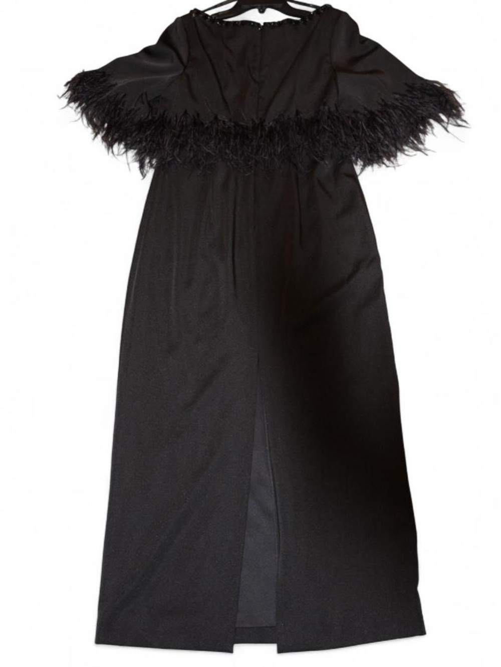 Ieena for Mac Duggal Black Maxi Dress with Feather Trim and Beaded Neckline Size